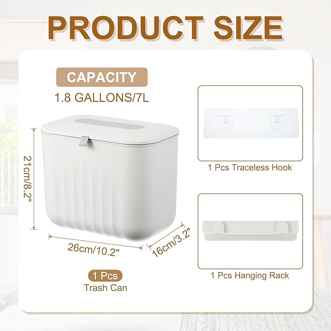 uxcell Kitchen Compost Bin Hanging Small Trash Can, 7L/1.8Gallon Plastic Trash Can with Lid, Suitable for Countertop, Under Sink or Wall Mounted, White