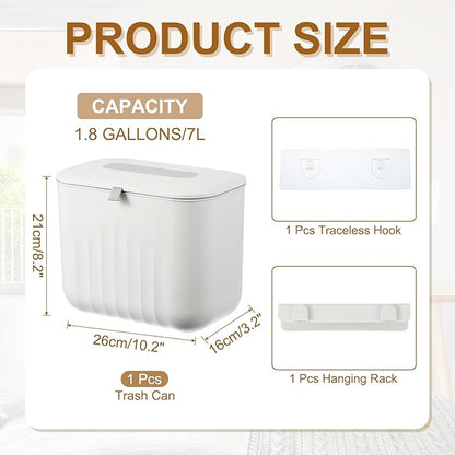 uxcell Kitchen Compost Bin Hanging Small Trash Can, 7L/1.8Gallon Plastic Trash Can with Lid, Suitable for Countertop, Under Sink or Wall Mounted, White