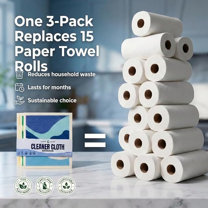 Lucent Globe Swedish Dishcloths for Kitchen (3-Pack) – Reusable, Eco-Friendly Sponge Cloths Replace 15 Paper Towel Rolls – Plant-Based, Machine Washable, Super Absorbent & Compostable Cleaning Cloths