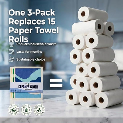 Lucent Globe Swedish Dishcloths for Kitchen (3-Pack) – Reusable, Eco-Friendly Sponge Cloths Replace 15 Paper Towel Rolls – Plant-Based, Machine Washable, Super Absorbent & Compostable Cleaning Cloths