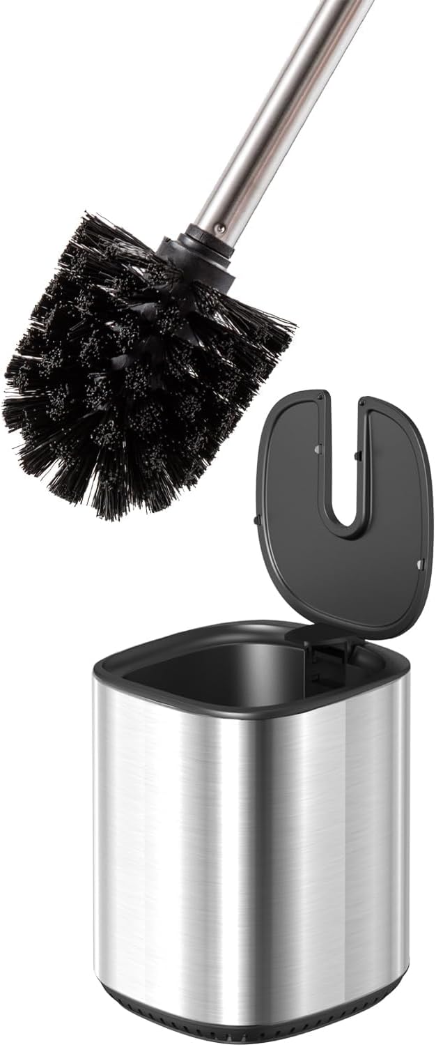 Toilet Brush and Holder Set Toilet Bowl Brush Stainless Steel Automatic Open lid Toilet Bowl Cleaner Brush Set Toilet Scrubber Kit Toilet Cleaning Brush for Bathroom