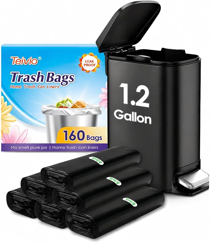 1.2 Gallon 160 Counts Small Trash Bags Garbage Bags, Bathroom Trash Can Bin Liners, Small Plastic Bags for home office kitchen, fit 5-6 Liter, 0.8-1.6 and 1-1.5 Gal, Black