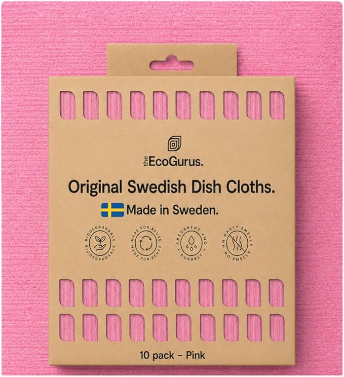 10 Pack Odour-Resistant Reusable Cleaning Cloths | Original Swedish Dishcloth | Made in Sweden | Suitable for All Surfaces | Biodegradable Cellulose Sponge | Kitchen & Bathroom | Pink