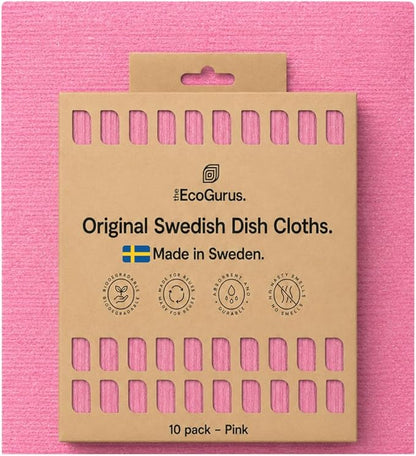 10 Pack Odour-Resistant Reusable Cleaning Cloths | Original Swedish Dishcloth | Made in Sweden | Suitable for All Surfaces | Biodegradable Cellulose Sponge | Kitchen & Bathroom | Pink