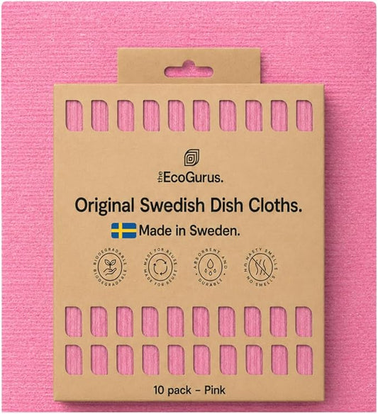 10 Pack Odour-Resistant Reusable Cleaning Cloths | Original Swedish Dishcloth | Made in Sweden | Suitable for All Surfaces | Biodegradable Cellulose Sponge | Kitchen & Bathroom | Pink