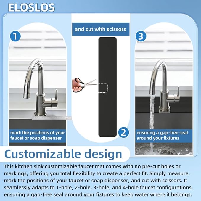 2Pcs 30"L x 5.5"W Customizable Sink Faucet Mat for Kitchen Sink 2 Holes & 3 Holes, DIY Cut for Oval/Rectangle/Square Faucets, Extra Long Quick-Drying Absorbent Splash Guard Counter Protector, Black