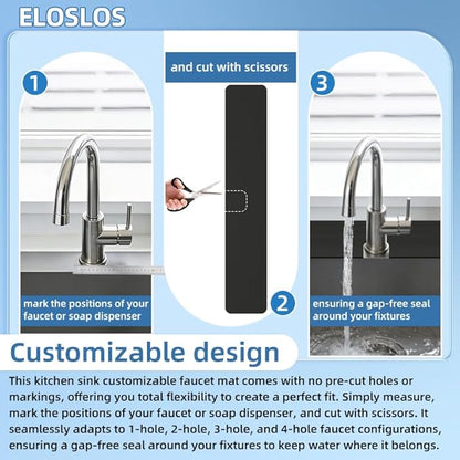 2Pcs 30"L x 5.5"W Customizable Sink Faucet Mat for Kitchen Sink 2 Holes & 3 Holes, DIY Cut for Oval/Rectangle/Square Faucets, Extra Long Quick-Drying Absorbent Splash Guard Counter Protector, Black