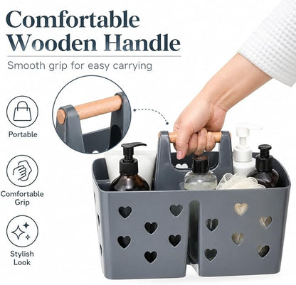 NINU Gray Portable Shower Caddy with Wooden Handle, Large Plastic Shower Basket Tote with 3 Compartments & Drain Holes, Bathroom Organizer for College Dorm, Gym, Camping, Vanity
