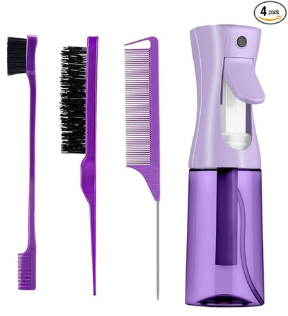 Hair Brush Set with Continuous Spray Bottle，Slick Back Hair Brush Back Brushing, Combing, Slicking Hair (Purple)