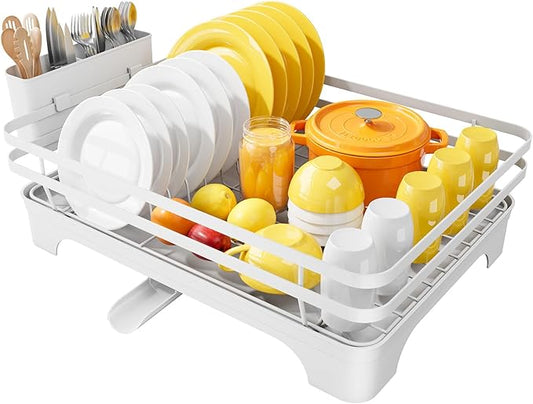 Kitsure Dish Drying Rack - Multi-Functional Dish Rack for Kitchen Counter with Cutlery Holder, Rust-Proof Storage Solution with Rotatable, 15.7" x 12.0" x 5.5", White