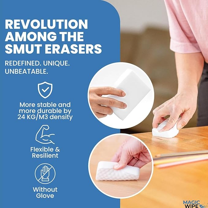 MagicWipe® Power Sponge – Magic Sponge Eraser (10 Pack) with High Density Melamine Foam for Heavy Duty, Multi-Surface Cleaning, Kitchen, Bathroom, Walls, Floors, Scuffs - No Chemicals