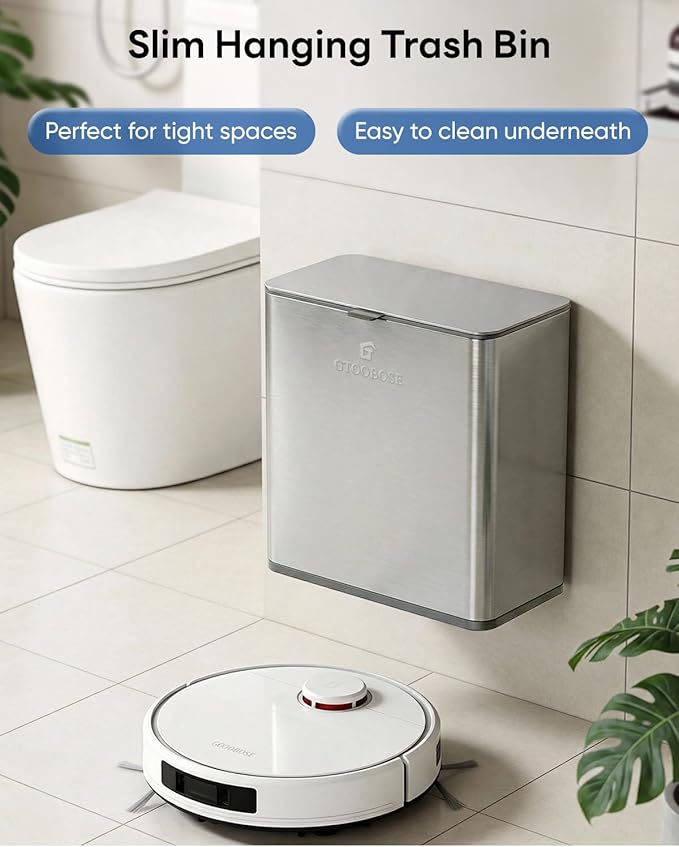Kitchen Compost Bin, 10L/2.6G Trash Can with Lid, Slim Stainless Steel Hanging Garbage Bin for Kitchen, Bathroom, Bedroom, Office, Wall Mounted Compost Bin with Inner Bucket, Silver
