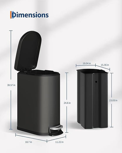 Garvee 13 gal / 50 L Metal Kitchen Trash Can with Lid, Slim Rustproof Garbage Can, Large Step-on Trash Bin with Inner Bucket, Rear Handle, Soft Close Lid, Black