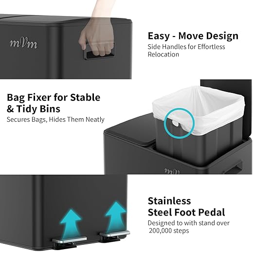 mVm Dual Trash Can, 16(2x8) Gal Large Step Trash Can with ABS Lid, Recycling Garbage Bin for Kitchen Home Office (Black)