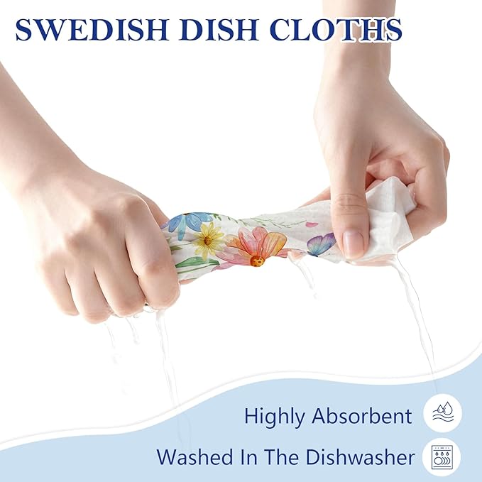 5 Pack Mixed Watercolor Flower Swedish Kitchen Dishcloths Dish Towels, Spring Floral Dish Towels for Kitchen, Swedish Dishcloth, Paper Towels Reusable, Dish Cloth Towel Cleaning Wipe for Home