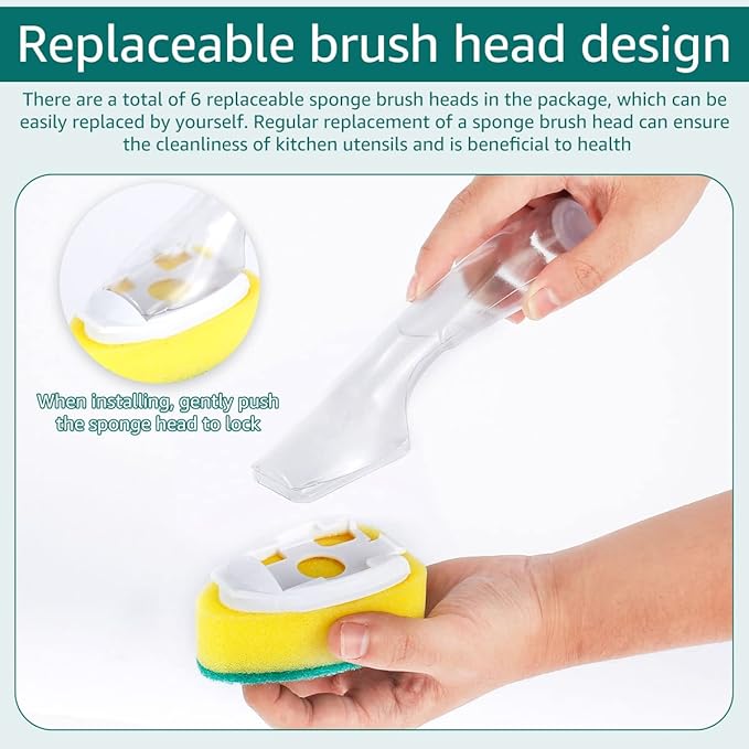 Non Scratch Dishwand Refill with Handle Dishwand Refills Handle with 7 Replacement Sponge Heads Dish Wand Refill Pack Soap Dispenser Scrubbers Dishwasher Cleaning Tool