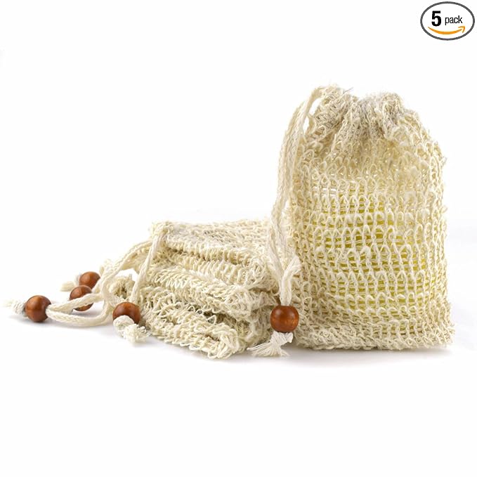 5 Pack Soap Saver Bag Exfoliating Soap Saver Pouch Shower Soap Bag Mesh Bar Natural Sisal Exfoliating Soap Pouch for Bath and Shower Soap Bags with Drawstring Plastic-free Foaming and Drying Soap Bag