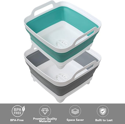 2 Pack Dishpan for Washing Dishes, 2.4Gal/9L Wash Basin with Draining Plug Carry Handles, Collapsible Bucket for Cleaning, Portable Sink, Foldable Plastic Tub