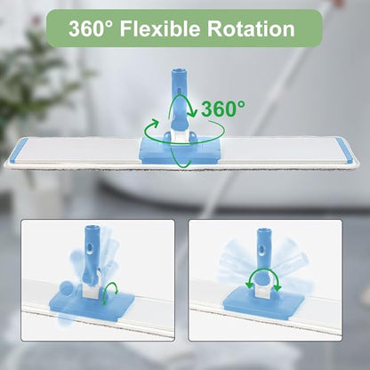 CQT Commercial Flat Microfiber Floor Mop Cleaning System 24" Inch Wet Dry and Dust Hardwood with 4 Washable Pads Cleaner for Laminate Tile Stainless Steel Handle and Extension (Blue)