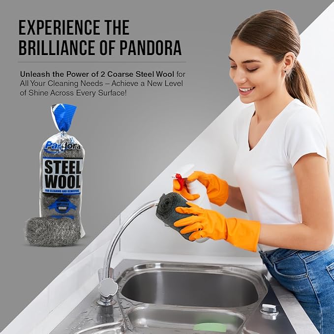 Pandora Steel Wool #2 – Coarse Grade, 16 Pads for Cleaning and Removing - Quality Metal Strands - Ideal to Remove Floor Scuff Marks and Old Wax