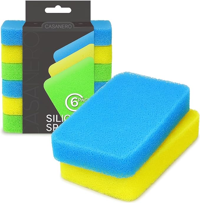 Casanero 6 Pack Silicone Dish Sponges, Heavy Duty Non Scratch Sponges for Dishwashing, Reusable Household Cleaning Sponges for Kitchen, Countertop, Bathroom, Non Stick Cookware or Car
