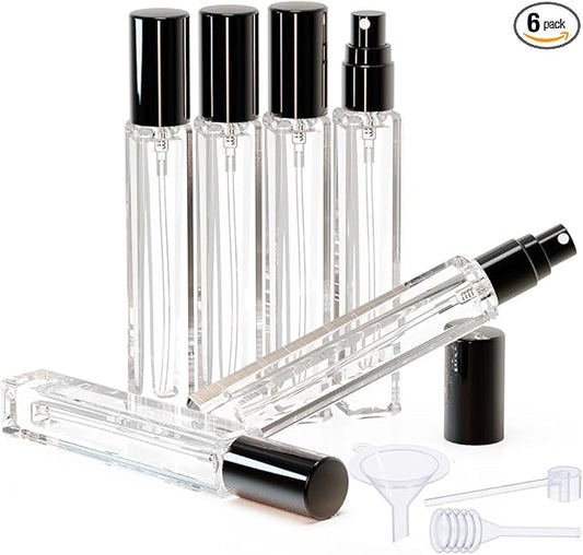 Mini Glass Spray Bottles, 10ml, 6 Pack, Fine Mist Refillable, Portable Travel Perfume Atomizers (Black)