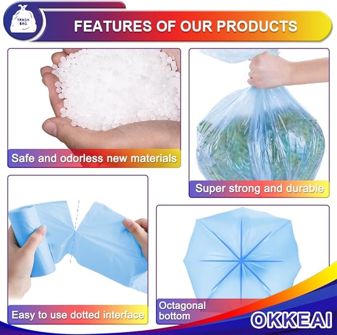 OKKEAI 8 Gallon Kitchen Trash Bags Blue Garbage Bags Strong 30L Trash Can Bags Medium Wastebasket Bin Liners for Home Office, Lawn,Bathroom,60 Count (Fits 7-10 Gallon Bins)