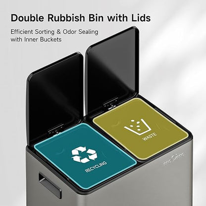 mVm 16(2X8) Gal Dual Trash Can, 2 Compartment Trash Can with Light Lids, Recycling Bin for Kitchen Home Office (Gray)