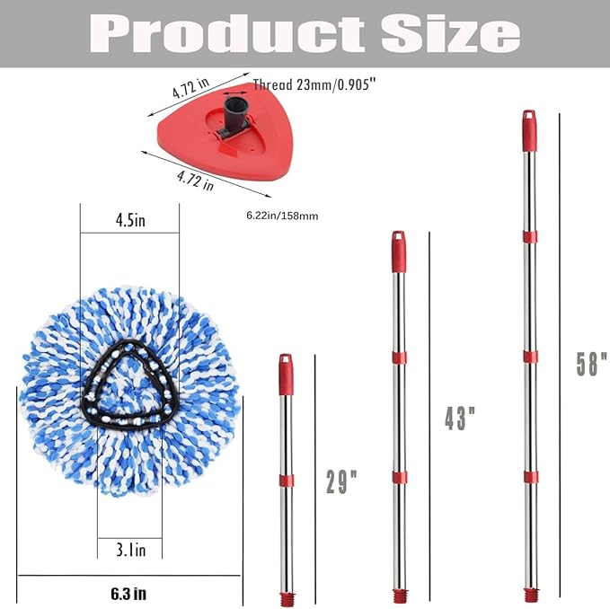 ANREKEYH Spin Mop Head, Base, Handle Replacement for O-ceda EasyWring RinseClean Microfiber Spin Mops, 2 Microfiber Mop Refills, 1 Triangle Head Cover and 30-58in Handle (Blue (2-Tank System))
