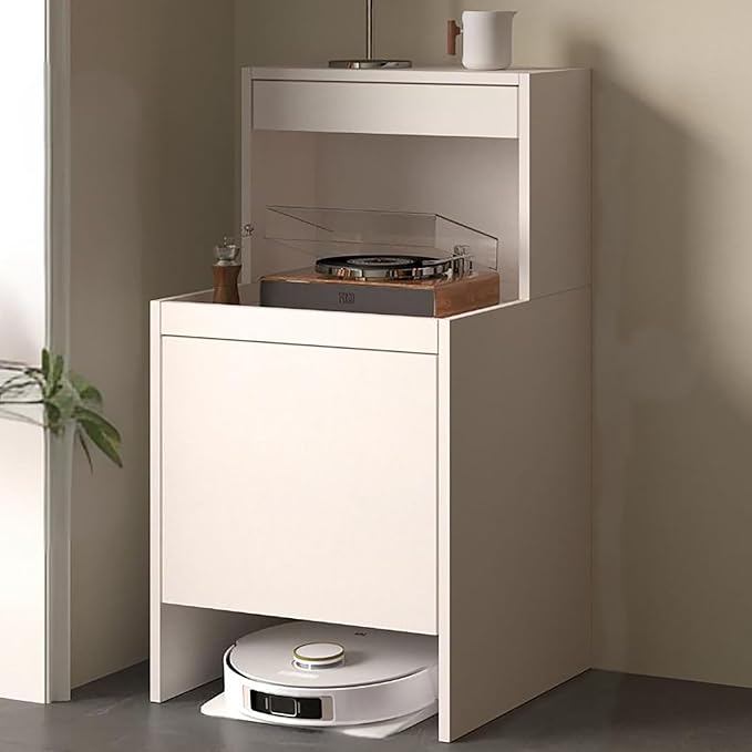 Robot Vacuum Stand Cabinet,Storage Cabinet with Doors and Drawers for Robot Vacuum Cleaner,Wood Bathroom Cabinet,Side Table for Living Room, Home Office(White,H100cm/39.3in)