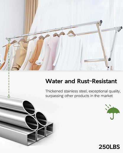 Vikaqi Clothes Drying Rack 79 Inches Folding Indoor Outdoor, Drying Rack Clothing Collapsible, Foldable Laundry Drying Rack, Heavy Duty Stainless Steel Clothesline, Garmet Rack, 20 Hooks 12 Clips