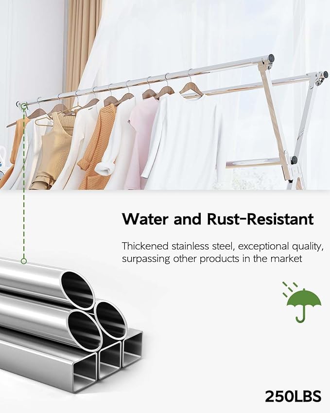 Vikaqi Clothes Drying Rack 63 Inches Folding Indoor Outdoor, Drying Rack Clothing Collapsible, Foldable Portable Laundry Drying Rack, Heavy Duty Laundry Hanger Dryer Rack, with 20 Hooks 12 Clips