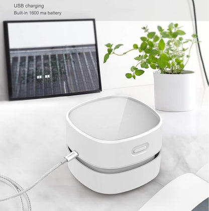 ODISTAR Desktop Vacuum Cleaner,Mini Table dust Sweeper Energy Saving with auto Power-Off Function,High Endurance up to 400 mins,Cordless&360º Rotatable for Keyboard/Home/Office (White USB Charging)