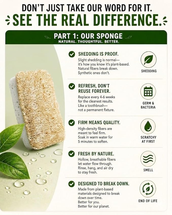 Eco Kitchen Sponges - Plant Based Cellulose & Natural Loofah Scrub Sponge - Biodegradable Dish Sponge - 6 Pack - by Janté Co.