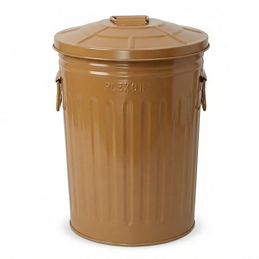 Plexon 2 Gallon Small Metal Trash Can with Lid Bathroom Garbage Can with Lid Bathroom Trash Can for Bedroom Office Kitchen Indoor Waste Basket, Round Powder Coated Brown