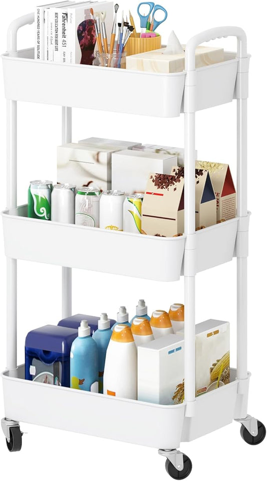 Laiensia 3-Tier Rolling Cart with Wheels,Multifunction Utility Storage Carts, Kitchen Storage Organizer,Mobile Shelving Unit for Bathroom,Laundry,with Classified Stickers,White