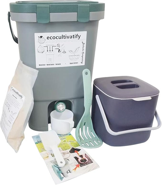 20L Bokashi Compost Bin, 5.28 Gallon Compost Bin for Kitchen Composter with Lid, Bokashi Start Kit with Bran (Tan & Dark Green) (18.8L/5 Gal Grey)
