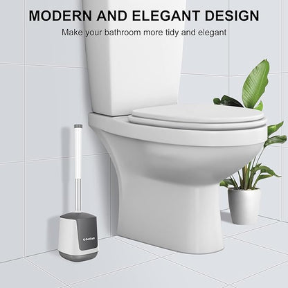 SetSail Toilet Brush and Holder, Self Closing Lid Toilet Bowl Brushes Holder and Extra Long Handle Ventilated Toilet Brush Set for Bathroom Cleaning, Nylon Bristles, White & Grey