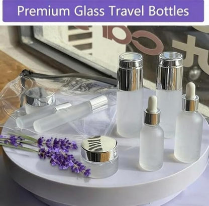 Glass Travel Bottles for Toiletries, TSA Approved Travel Size Containers, Refillable, BPA Free Leak-Proof Bottles with Pump Spray Dropper & Roll-On for Toners, Creams, and Oils (Silver)
