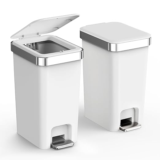 2 Pack Bathroom Garbage Can with Lid, 2.6 Gallon /10 Liter Small Trash can, Press Top Bin & Step Metal Pedal Trash Bin, Mini Waste Basket for Bedroom, Home Office, Toilet, Dorm (Grayish-White)