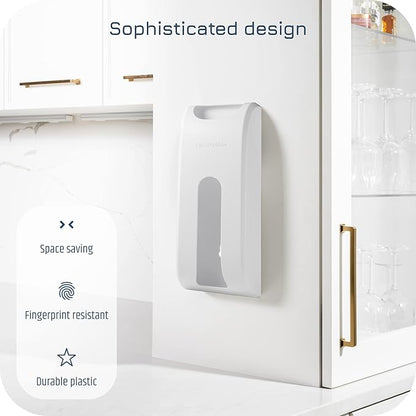 Manterio Plastic Bag Holder | UPGRADED Wall-Mount Grocery Bag Dispenser | Space-Saving Design | Easy Install | Smudge-Proof, Fingerprint-Resistant | White | Holds the Most Bags for Maximum Storage