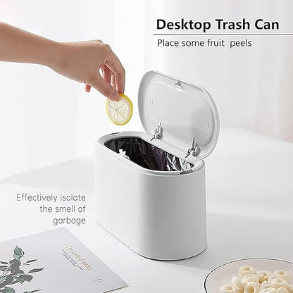 SUBEKYU Mini Trash Can with Lid,Small Desk Trash Can,Countertop Mini Garbage Cans,Tiny Waste Basket,White,with 3 roll Bags