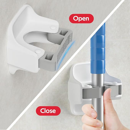 reliahom 5 Pack Broom Holder Wall Mount Mop Grippers No Drilling Self Adhesive Anti-Slip Mop Handle Hanger Dustpan and Broom Organizer Garage Storage Racks-White