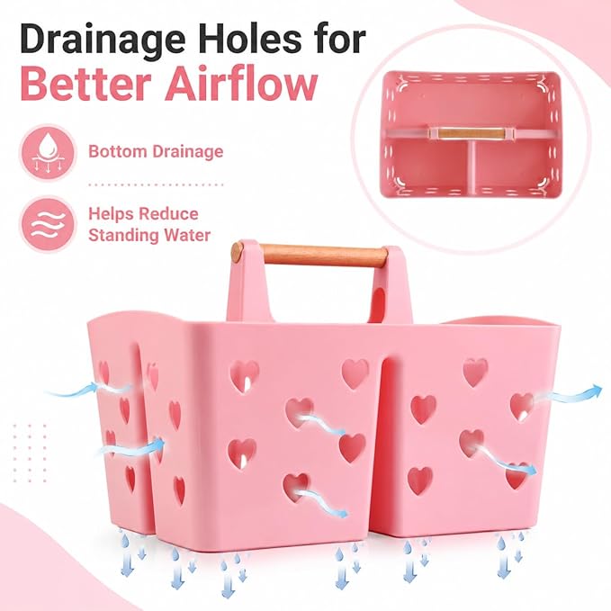 Pink Portable Shower Caddy with Wooden Handle, Plastic Shower Basket Organizer with Drainage Holes & 3 Compartments, Dorm Shower Caddy for College Students, Bathroom, Gym, Camping Toiletry Storage