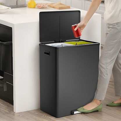 Large Stainless Steel Dual Compartment Recycling Trash Can 60 l/16 Gal Recycle Bins with Lid Waste Bin with Removable Buckets, Bathroom,Kitchen Garbage Can,Black