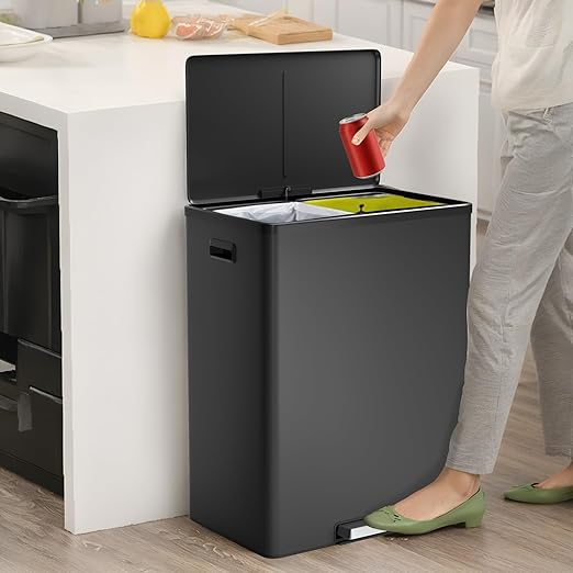 Large Stainless Steel Dual Compartment Recycling Trash Can 60 l/16 Gal Recycle Bins with Lid Waste Bin with Removable Buckets, Bathroom,Kitchen Garbage Can,Black