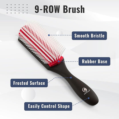 BRUSHZOO Detangler Brush with Hair Spray bottle 9 Row Brush Wide Tooth comb, Hair Brushes for Women men and Kids Curly Natural 3/4abc Hair (Red)