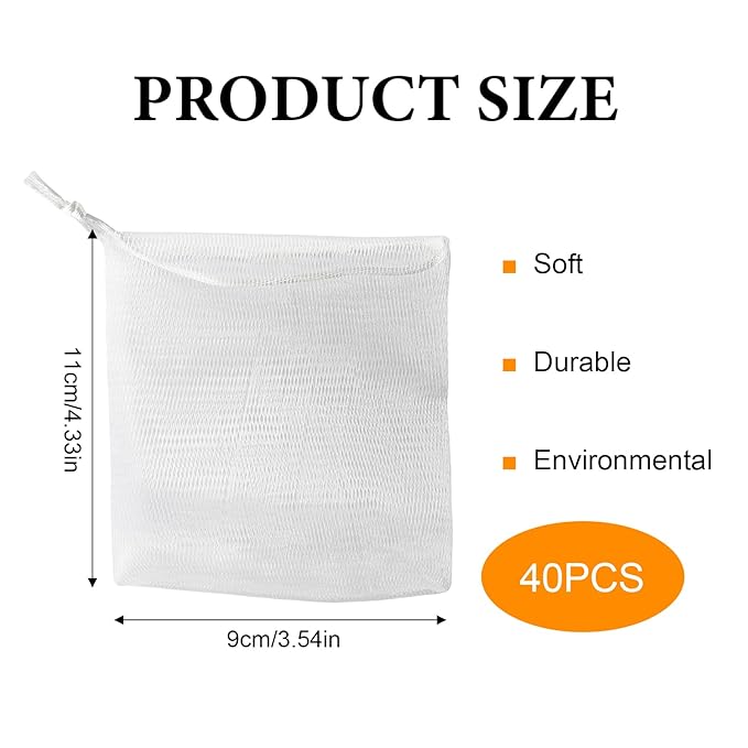40 PCS Soap Saver Bag, Exfoliating Mesh Soap Saver Pouch Bags, Bubble Mesh Net Bags with Drawstring, Easy to Store, for Shower, Face Cleansing, White