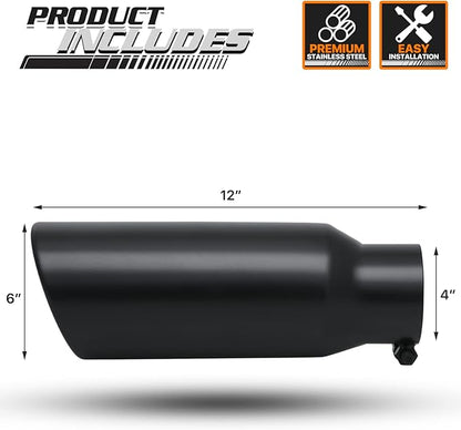 M-AUTO 4" Inlet and 6" Outlet, Universal Muffler Roll and Angle Cut Tip, Heavy Duty Stainless Steel Exhaust Muffler Assembly, 12" Overall Length, Black
