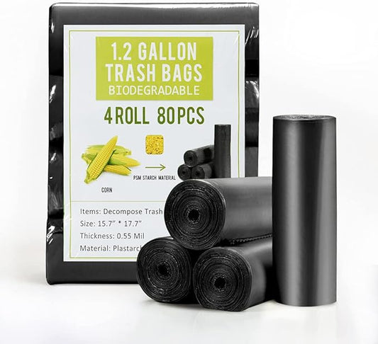 Jaoul Trash Bags 1.2 Gallon, Small Garbage Bags, Strong & Unscented Mini Trash Bags for Kitchen, Bathroom, Office, Restroom, Car, Black, 80 Counts